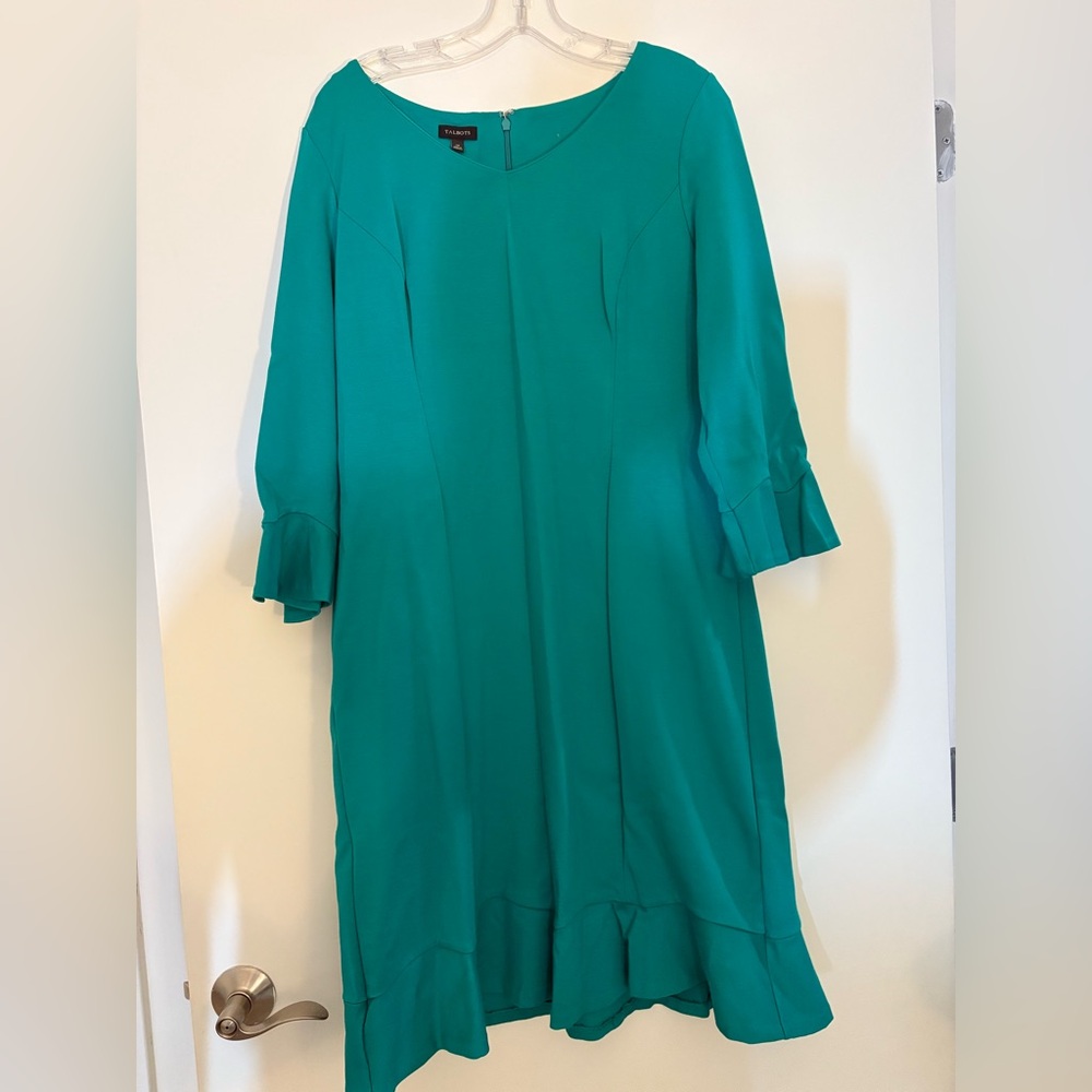 Talbots Green Sheath Dress with Bell Sleeves and V-Neck